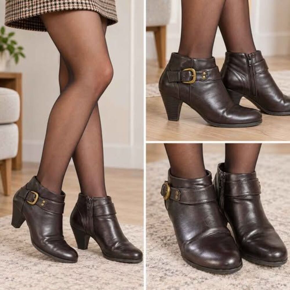 Covington Women's Brown Ankle Booties Buckle Side Zip Heels Size 7.5